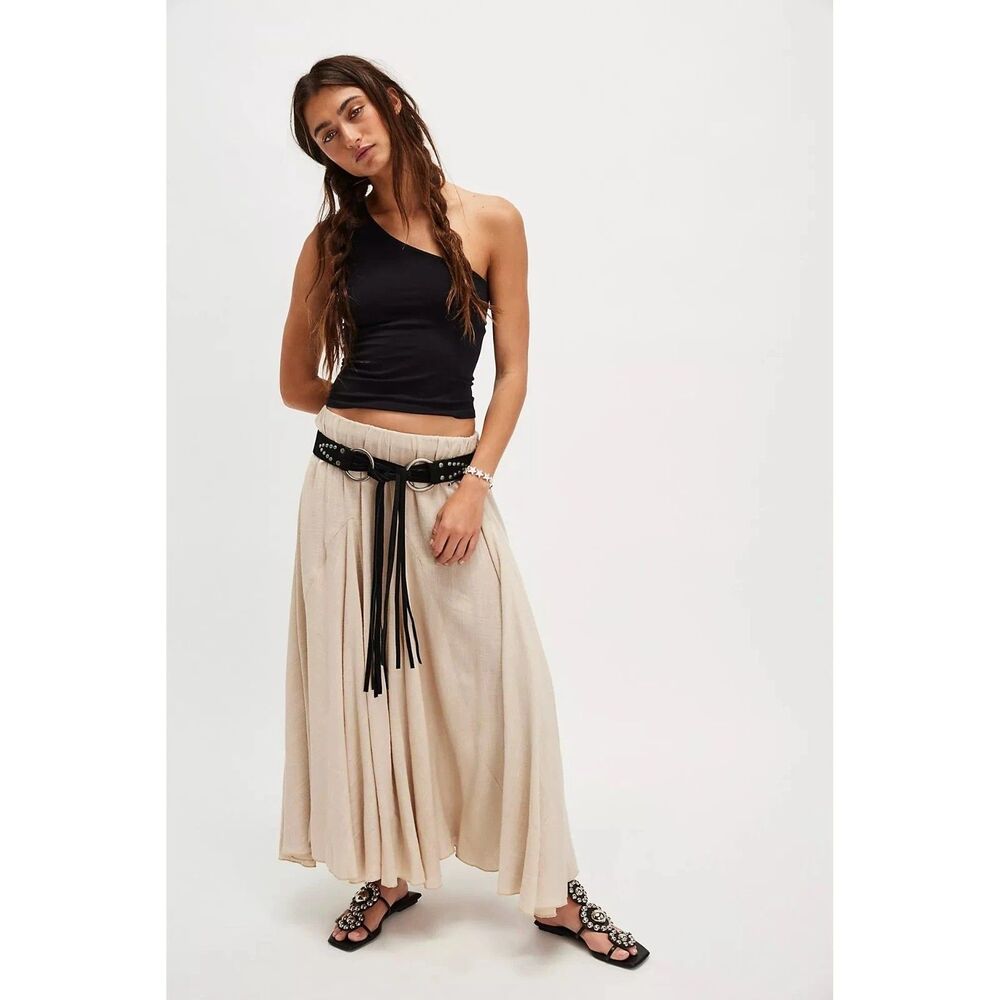 Free People Madras That Solid Linen Maxi Skirt A Line Godet Mid Rise M 285051 - Picture 2 of 8